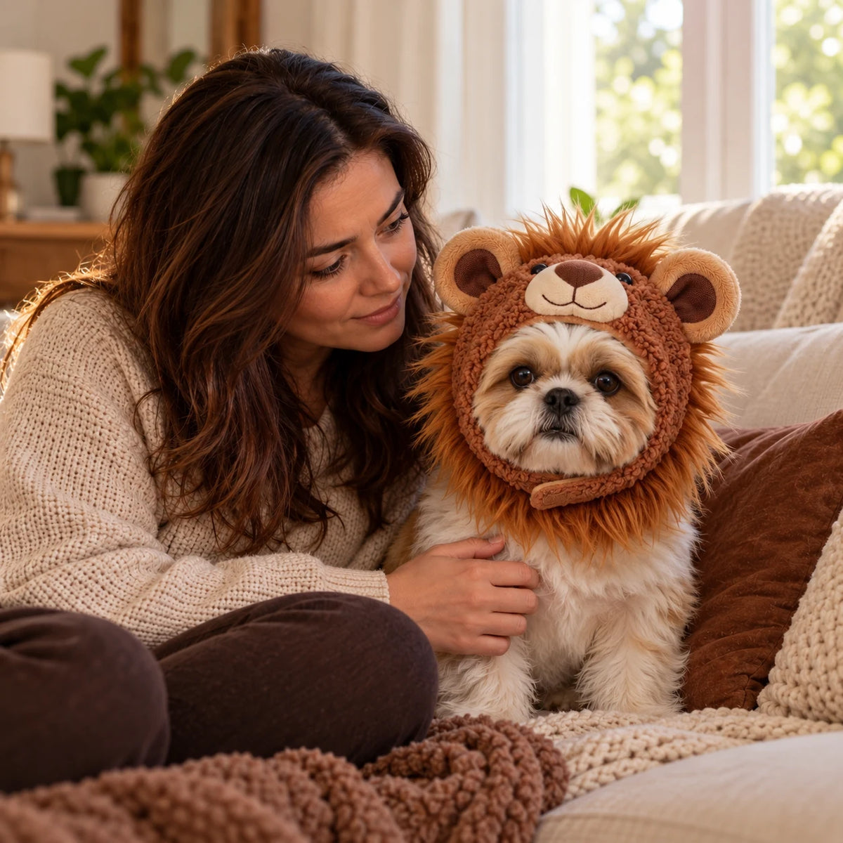 Dog wearing Snugmane beside its owner at home